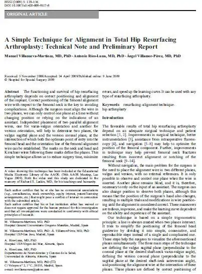 Artículo científico del doctor Villanueva sobre la artroplastia total de recubrimiento de cadera